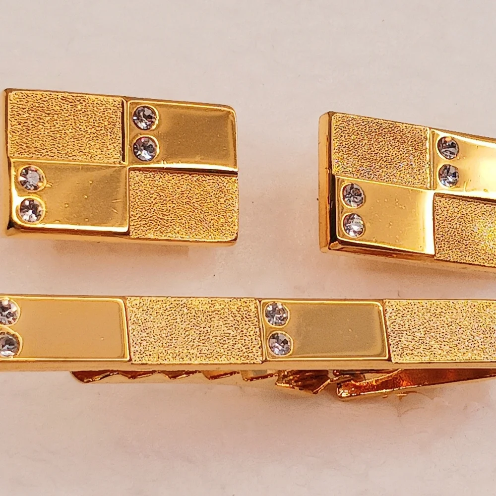 Tie Clip Bar, Cufflinks, Textured Gold Crystals Vintage Space Age Classic